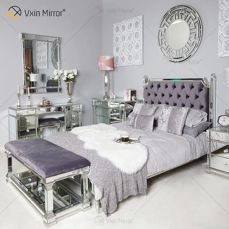 Vxin mobili da letto a specchio antico WXWF-1082 letto king Grace Champagne silver frame camera da letto a specchio set super letto per camera da letto