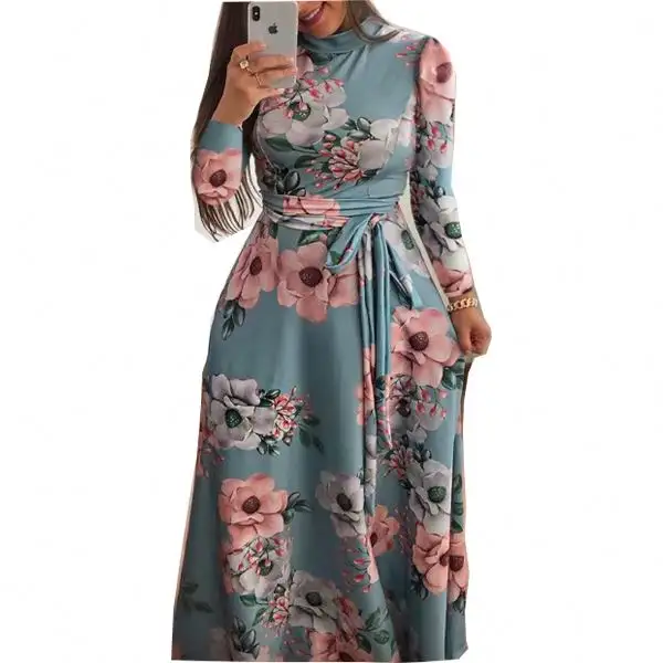 New Women Boho Beach Long Casual Dress Autumn New Design Long Sleeve Floral Print Women's Stand Collar Maxi Dresses