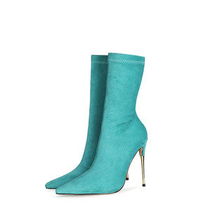 TERBARU gaya Eropa populer wanita ujung runcing Suede elektroplating hak tinggi wanita kaus kaki pergelangan kaki sepatu bot - Product Image 2