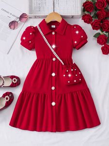 Robe d'été pour petites filles, style coréen, coupe trapèze, couleur unie, manches perlées, longueur genou, avec sac à bandoulière perlé 4ourcostumes - Product Image 5