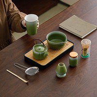 Service à thé Kung Fu en céramique style rétro, vert dégradé, avec logo, bol à matcha, théière, plateau à thé - Accessoires de cérémonie du thé Dehua pour la maison