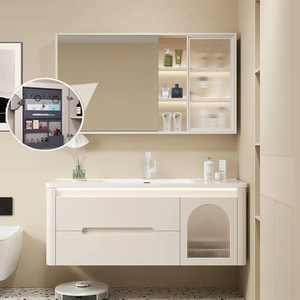 Armadietto da bagno moderno in rovere semplice con angoli arrotondati con <span class=keywords><strong>specchio</strong></span> da bagno in ceramica con <span class=keywords><strong>specchio</strong></span> da bagno in crema per lavabo Set - Product Image 5