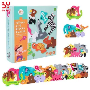 Montesori permainan keseimbangan hewan pendidikan, keterampilan Motor halus blok susun kayu Parade hewan alfabet A sampai Z Puzzle