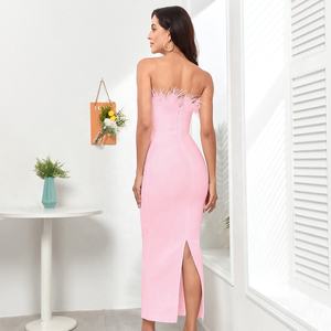 <span class=keywords><strong>Vestido</strong></span> Maxi Bandage Negro Blanco Rosa con <span class=keywords><strong>Plumas</strong></span>, Hombros Descubiertos, Estilo Bandeau, Ajustado, para Fiesta, Cóctel, Graduación, Boda, con Abertura - Product Image 3