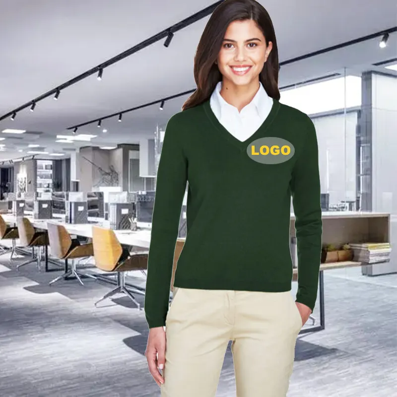 New Design Ladies' Business Wear Autumn 100% Cotton V-Neck Knitted Women Oversized Employee Uniform Sweater With Custom Logo