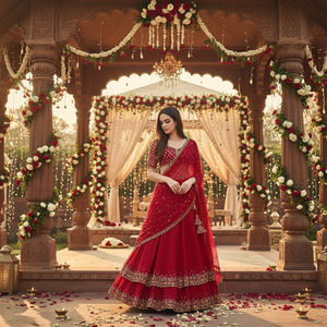 DESIGNER GEORGETTE EMBROIDERY and SEQUENCE WORK SEMI STITCHED LEHENA CHOLI for WOMEN <b>RED</b> - Product Image 3