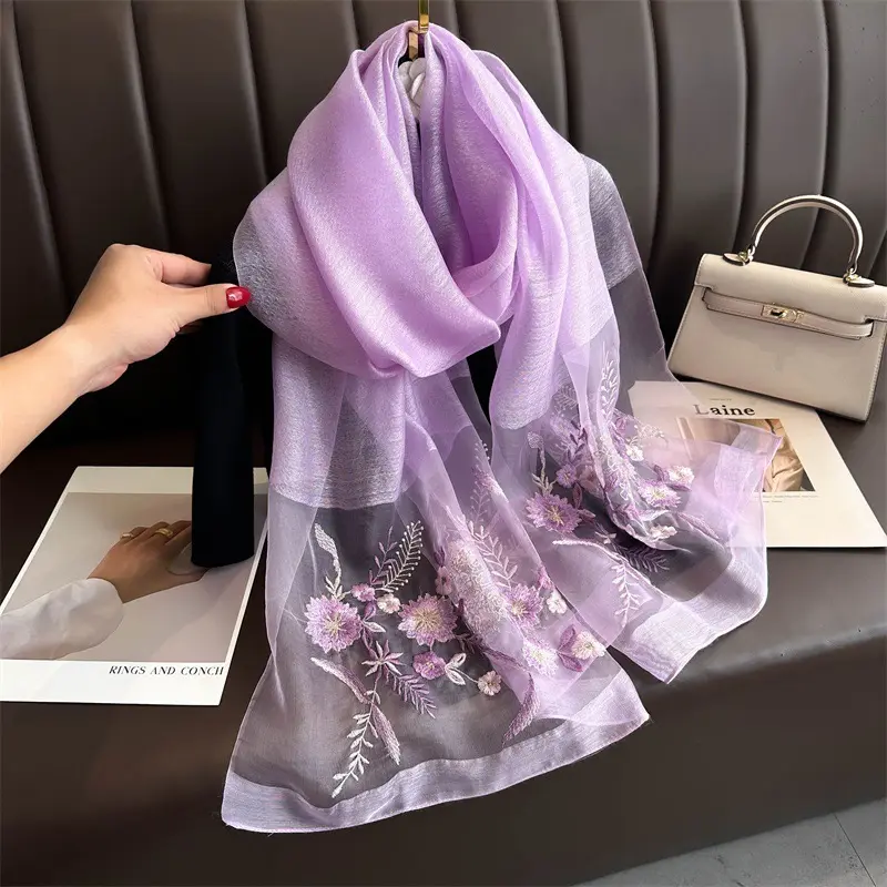2023 Floral Embroidery Mulberry Silk Scarf Fashion Wool Silk Shawl Women Premium Long Silk Scarves