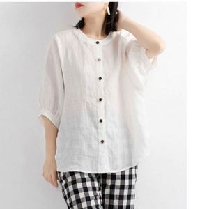 Chemises d'été en lin à manches bouffantes pour femmes, tuniques amples vintage, hauts décontractés à manches courtes, chemisiers féminins, t-shirts - Product Image 4