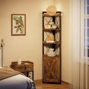 Étagère d'angle de style européen à 5 niveaux avec rangement, étagère d'angle rustique avec armoire