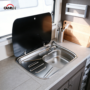 Évier CANRUN en acier inoxydable argenté <span class=keywords><strong>pour</strong></span> <span class=keywords><strong>camping</strong></span>-<span class=keywords><strong>car</strong></span> avec zone de drainage et couvercle en verre trempé <span class=keywords><strong>pour</strong></span> <span class=keywords><strong>camping</strong></span>-<span class=keywords><strong>car</strong></span>, caravane, fourgon aménagé - Product Image 2