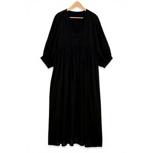 Women Black Plain Solid Tie Neck Cotton Maxi <b>Dress</b> With 3/4 Sleeve <b>Loose</b> Fit Boho Style Summer Casual <b>Dress</b> - Product Image 1