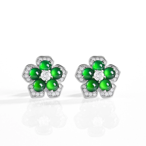 High-end natural A-grade jadeite green flower-shaped <b>stud</b> <b>earrings</b>, made of jade, <b>set</b> with S925 <b>silver</b>, for women - Product Image 2