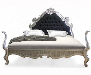 Cama Diván de Lujo Estilo Francés, Tamaño Queen, Madera de Caoba Sólida, Tapizada en Terciopelo, Acabado Plateado, para Dormitorio - Product Image 1