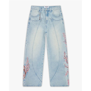 <span class=keywords><strong>Pantalones</strong></span> Vaqueros Japoneses al por Mayor, Holgados, Unisex, con Estampado Gráfico de Sakura Samurai, Azul Claro, Pierna Ancha, Estilo Urbano - Product Image 2