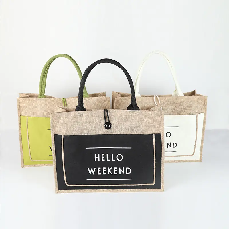 2021 Fashionable Female Hello Weekend Environmental Jute Portable Shopping Tote Handbag Mori Vintage Beach Vacation Straw Bag
