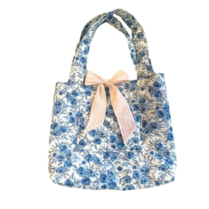 Totebag กระเป๋าสะพายไหล่ผู้หญิงแบบผูกโบว์สีชมพูกระเป๋าถือลายดอกไม้สีฟ้าลายดอกไม้