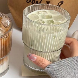 Striped Glass Coffee Mug Iced Americano Cold Drink Large Capacity Bamboo Joint Lid Cold Water Mug - Product Image 4
