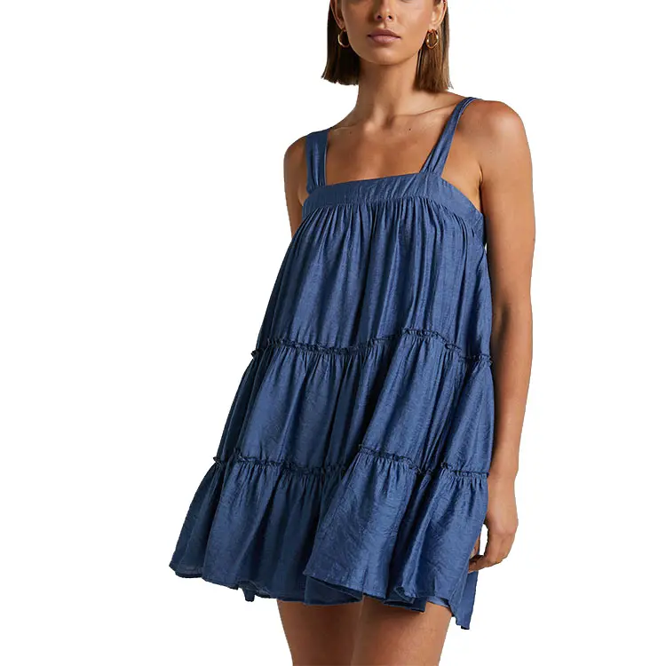 wholesale plain dark blue ruffled summer sundress polyester printed tiered beach holiday mini dresses women