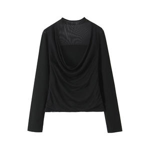 Top de malla de manga larga con cuello tipo capucha para mujer, talla grande, color negro liso, cintura ajustada, grosor medio, poliéster N9436 - Product Image 2