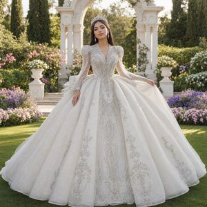 <span class=keywords><strong>Robe</strong></span> <span class=keywords><strong>de</strong></span> <span class=keywords><strong>mariée</strong></span> <span class=keywords><strong>de</strong></span> luxe Mc023 en tulle perlé et pailleté, coupe princesse, décolleté en V profond, grand nœud, traîne cathédrale, Jancember - Product Image 1