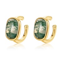 Boucles d'oreilles clous ovales en argent sterling S925 plaqué or avec agate mousse verte naturelle, style minimaliste, empilables, pour femme, cadeau bijoux forêt