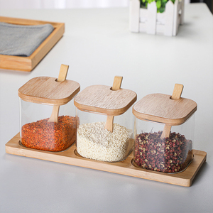 Bambus-und Holz abdeckung Borosilikatglas-Gewürz glas Küchengewürzglas-<span class=keywords><strong>Set</strong></span> mit Holz löffel - Product Image 2