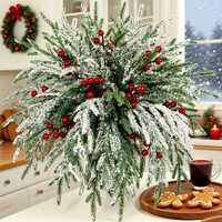 Ensemble de brindilles artificielles de Noël festives, branche de pin floquée, brindille de baies rouges pour arbre, couronne, vase, décoration de Noël DIY