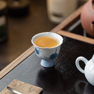 Taza de té de cerámica Guanlan con patrón floral azul, taza de porcelana redonda de pie alto para té de la tarde. - Product Image 4