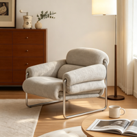 Fauteuil moderne en tissu avec structure en métal chromé et coussins moelleux pour salon, mobilier de maison, sièges de détente