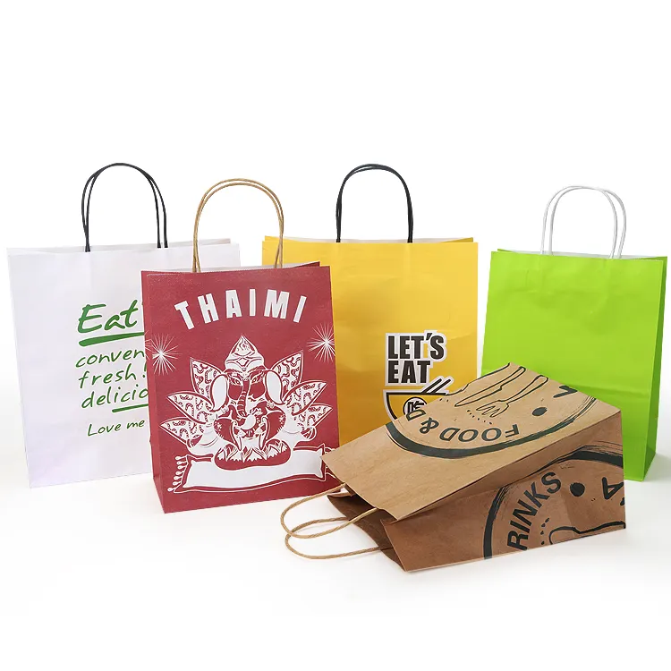 Venta al por mayor logotipo personalizado impreso barato reciclado para llevar embalaje de alimentos compras bolsa de papel Kraft marrón con asas retorcidas/planas