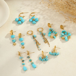 Boucles d'oreilles pendantes en acier inoxydable 316L plaqué or 14k 18k avec pierre turquoise pour femmes - Vente en gros de bijoux de mode - Product Image 1