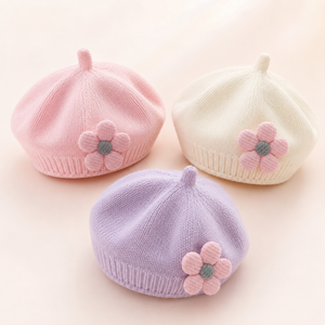 Béret pour bébé style peintre français, bonnet tricoté avec fleur 3D pour filles, idéal pour la photographie, vente en gros - Product Image 3