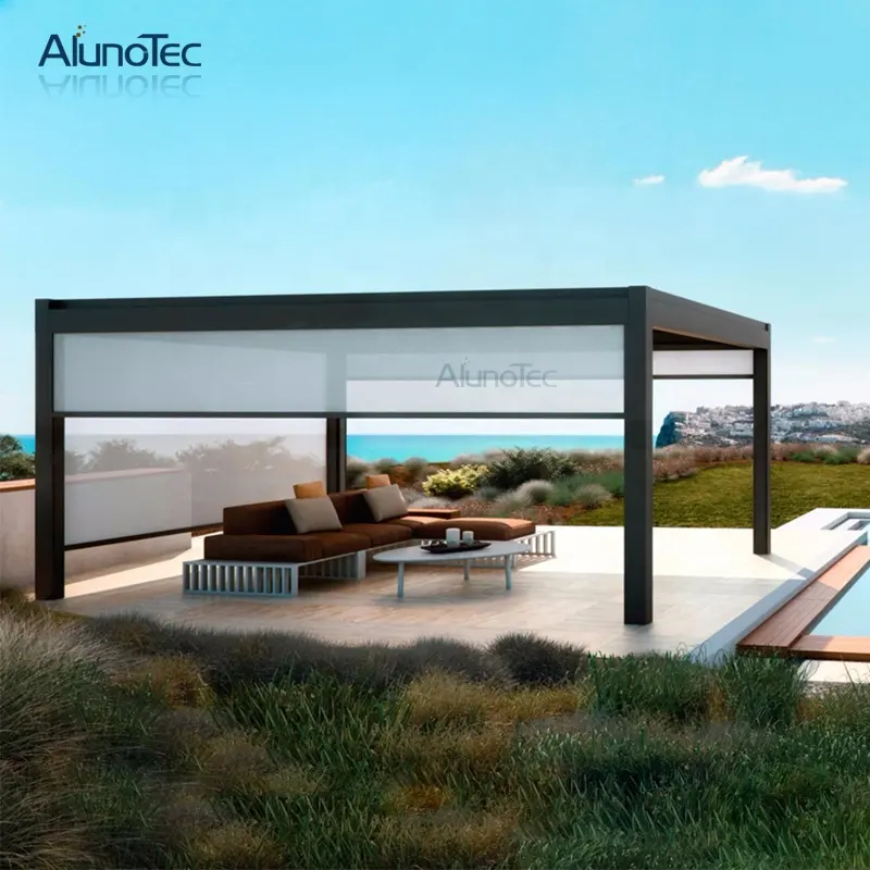 AlunoTec özel veranda dikey geri çekilebilir gölge rüzgara dayanıklı motorlu güneşlik perde rulosu kör