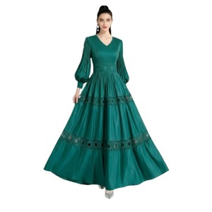 9930 #   Elegante Abito Lungo da Donna con Scollo a V, Tinta Unita, Maniche Lunghe Plissettate e Decorazioni in Pizzo Traforato <span class=keywords><strong>per</strong></span> Primavera, Estate e Autunno - Product Image 3