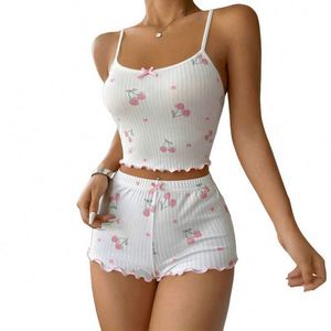 Wholesale Summer Casual Satin Women's <b>Pajamas</b> Sleepwear 2-Piece Set Breathable Heart Print Front Elastic Waist V-neck Short - Product Image 2