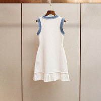 Robe Courte Tricotée Sans Manches Style Décontracté pour Femme, Coupe Ajustée, Boutonnage Simple, Patchwork Denim, Taille Naturelle, Tissée