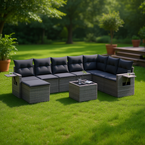 Ensemble de canapés de jardin en rotin gris foncé 6 places, mobilier d'extérieur contemporain résistant aux intempéries - Product Image 2