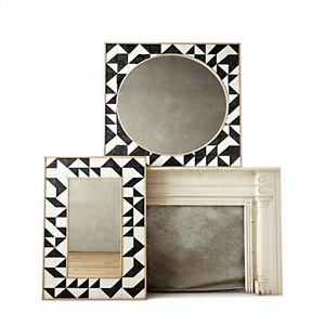 Modern Geometric Wall <b>Mirror</b> With Black <b>White</b> Patterned Frame Rectangular Decorative Wooden Design - Product Image 1