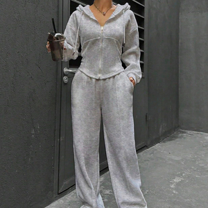 Custom Print logo New Style High Quality Mist <b>Cropped</b> <b>Zip</b> <b>up</b> Hoodie and Casual Gym Sweatpants 2 Pieces Set Tracksuit for Women - Product Image 2