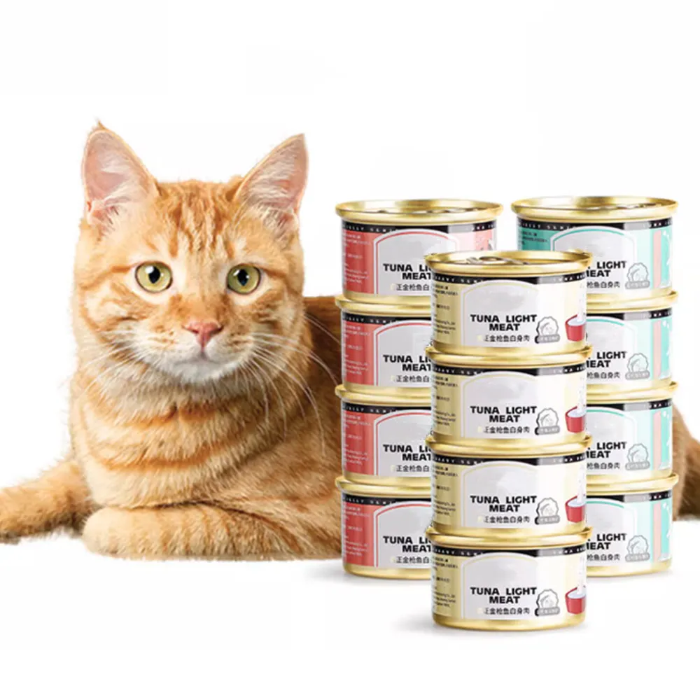 OEM ODM Vente en gros Conserve de nourriture pour chat Riche en protéines de thon pour chat Vrais fruits de mer Friandises pour animaux de compagnie Snacks de nourriture