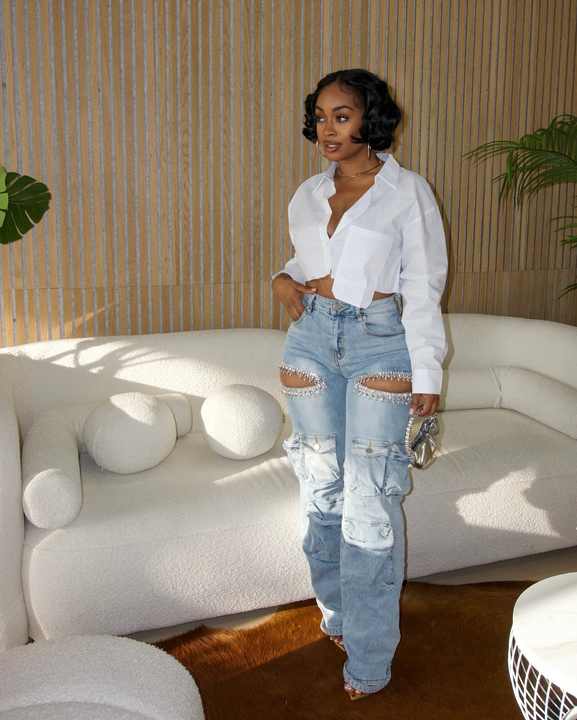 OUDINA Hot Sales Casual Washed Denim Hollow Diamond Multipocket