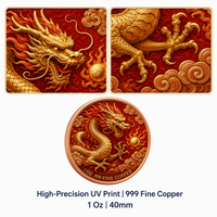 Pièce de monnaie en cuivre fin 999 de 1 once, personnalisée Année du Dragon, imprimée UV double face, couleur or, cadeau chinois, directement de l'usine