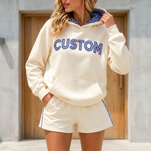 Custom Women's 2Piece Hoodie & Shorts <b>Set</b> Cotton Fleece Casual Loose Fit Gingham Lined Hood Letter Print Spring Autumn Wear - Product Image 2