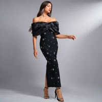 Robe de Soirée Noire de Luxe Épaules Dénudées Bandage Club Fête Strass Fendue Sirène Robe de Gala Événements Formels Avec Nœud en Satin
