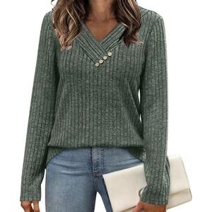 Camisa de Manga Larga para Mujer, Cuello en V, Suéter con Botones, a la Moda - Product Image 2