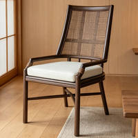 Chaise en bois massif orientale vintage MULIGNA, dossier en rotin naturel tissé, assise rembourrée en cuir, pour salon de thé, restaurant, hôtel, villa