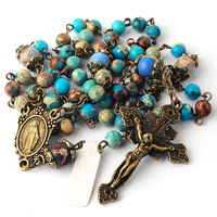 Chapelet catholique de perles en pierre précieuse, 6mm, rose, vierge marie, jaspe bleu, chapelet avec Crucifix plaqué Anti-Bronze