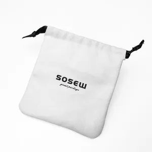 SoSew Personalized White Cotton Gift Bag Durable Black Ribbon Drawstring Canvas Pouch Custom Print