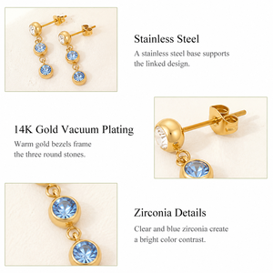 ต่างหูทรงหยดน้ำเซอร์โคเนีย สแตนเลสสตีล ชุบทอง 14K สีฟ้าใส ทรงกลมสามชั้น แบบห้อย ตัวล็อคแบบผีเสื้อ - Product Image 2