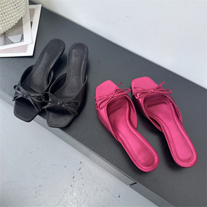 Pantuflas de satén de tacón alto con punta cuadrada y tacón bajo para mujer, talla grande, 2025 - Product Image 4